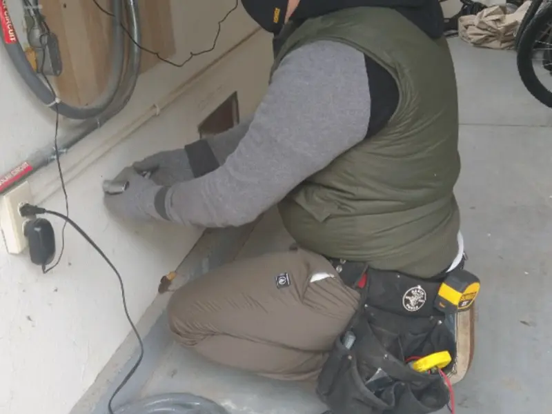 Electrician performing outlet wiring in a St. Gabriel garage